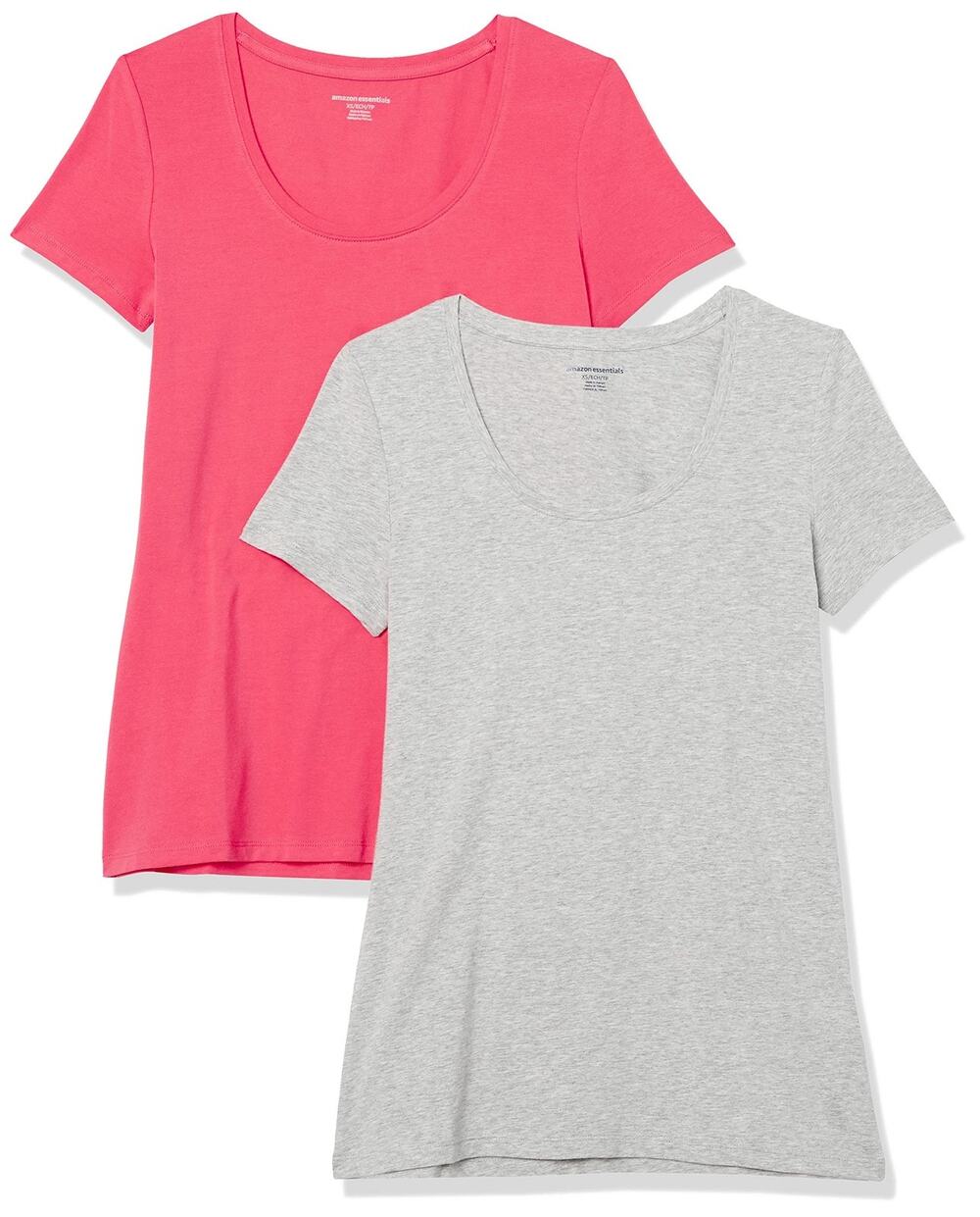 Amazon Essentials Womens Scoop Neck Tee XS Fuchsia Heather Grey 2 Pack